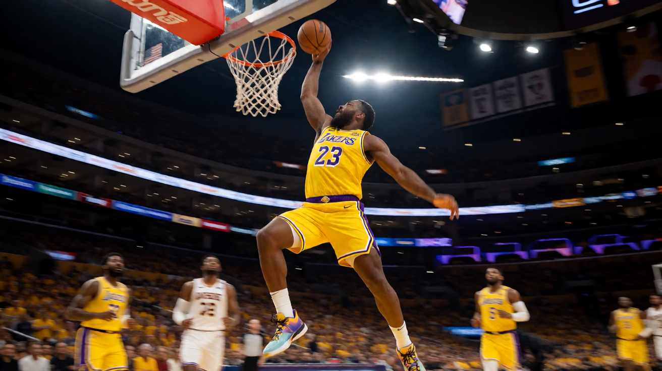 NBA季后赛激烈对抗中的空中扣篮瞬间